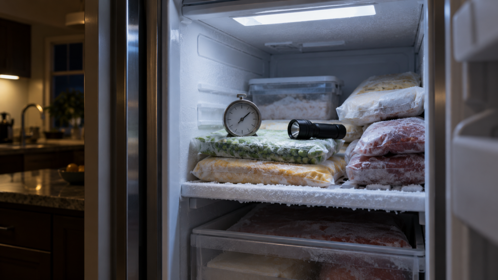 A small dial thermometer rests on stacked frozen packages inside an open column freezer, with a flashlight beside it.