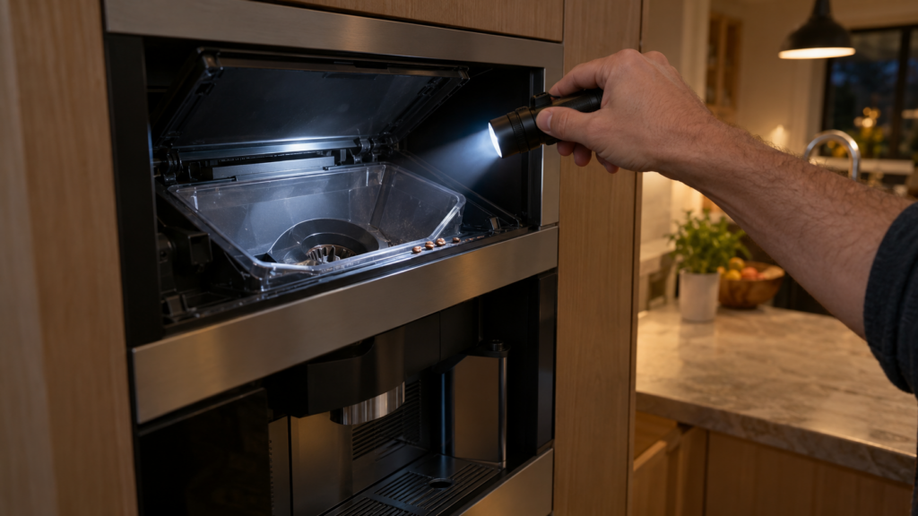 A bare hand holding a flashlight over the empty bean hopper of a built-in coffee machine set in a tall cabinet column, a few coffee beans left on the rim, an American kitchen, evening light.