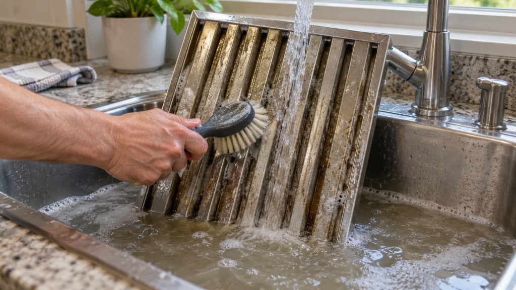 A stainless baffle hood filter standing in a kitchen sink with hot soapy water running over it, a bare hand holding a soft brush against its slots and the water clouded with grease.