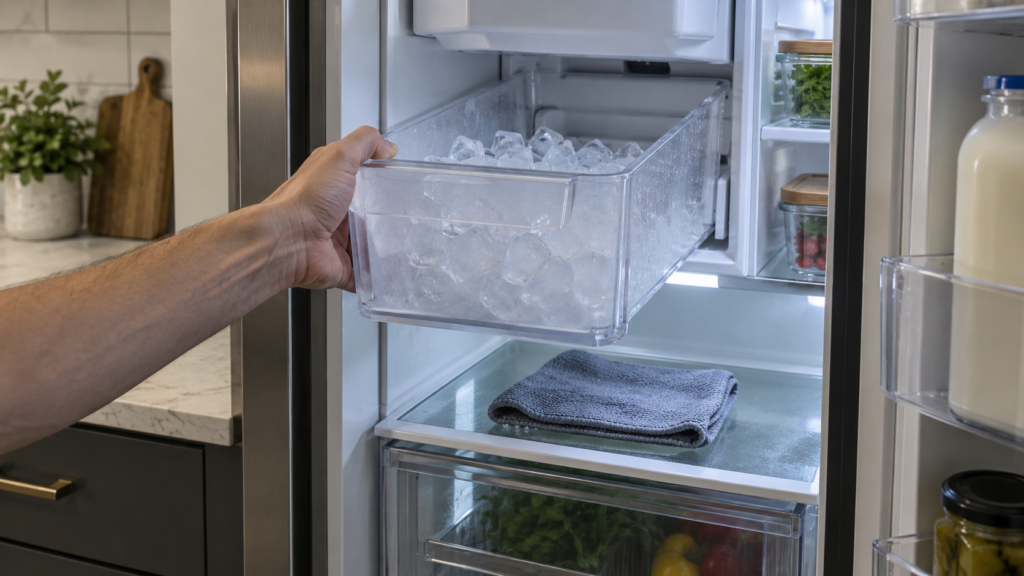 A bare hand lifts a translucent ice bin part way out of a tall built-in refrigerator column with a few cubes inside.
