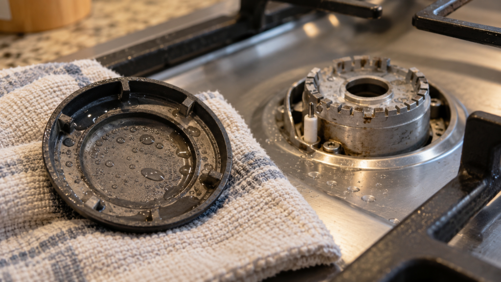 A sealed gas burner cap lying upside down on a damp towel beside its bare burner base, water droplets in the cap's channels and a wet electrode tip, warm kitchen light, no person and no hands in the frame.