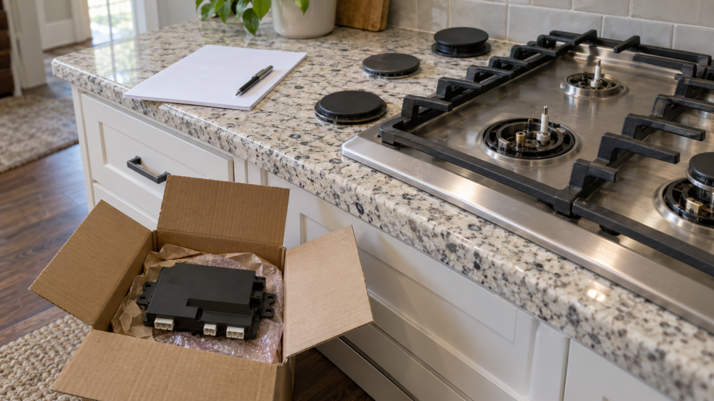 An electronic ignition module sits in an open box on the floor beside a gas rangetop with its burner caps lifted off.