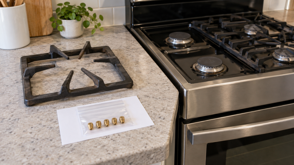 A clear bag of tiny brass orifice jets lies on a card on the counter beside the removed grate of a gas range.