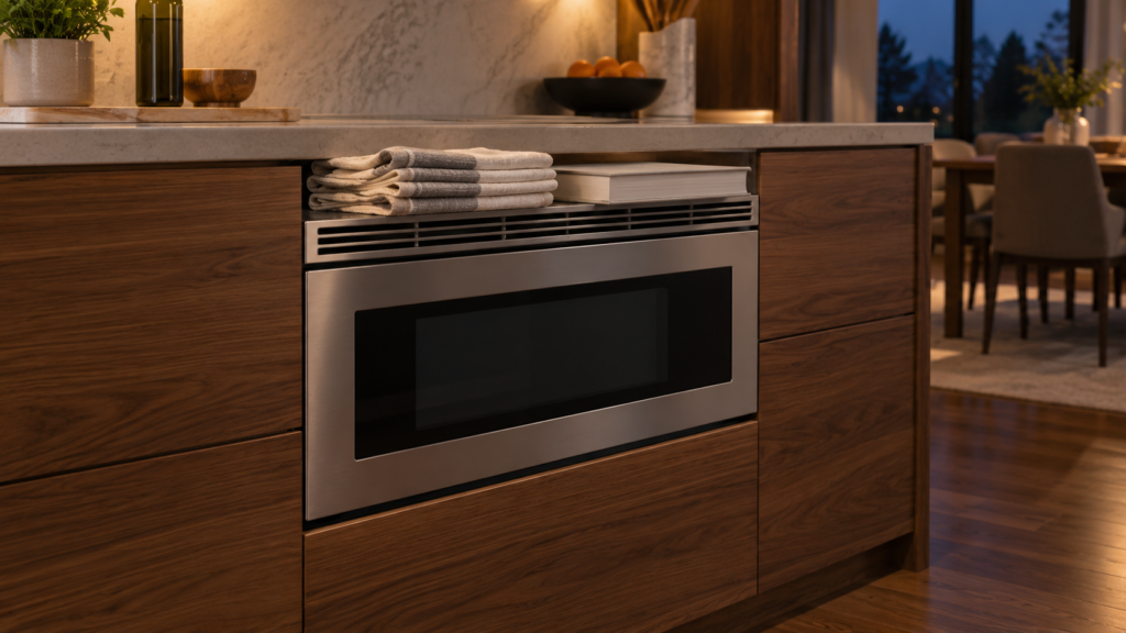 A built-in drawer microwave set into a walnut cabinet run with a stack of folded kitchen towels and a cookbook resting on top of the unit over its vent slots, an American kitchen in the evening, no person and no hands in the frame.