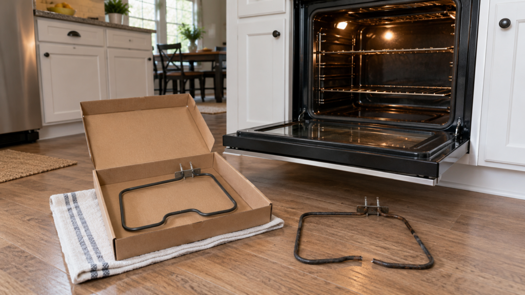 A new bake element in its box on a kitchen towel beside an open wall oven, an old element with a burned gap lying next to it.