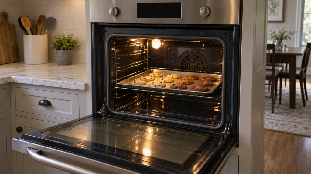 A built-in wall oven with its door open and a baking sheet of unevenly browned cookies on the rack, pale at one end and dark at the other.