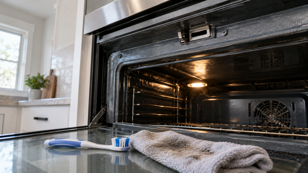 The top frame of a wall oven opening seen from below, the latch hook and strike slot visible, a toothbrush and degreaser cloth resting on the open door.