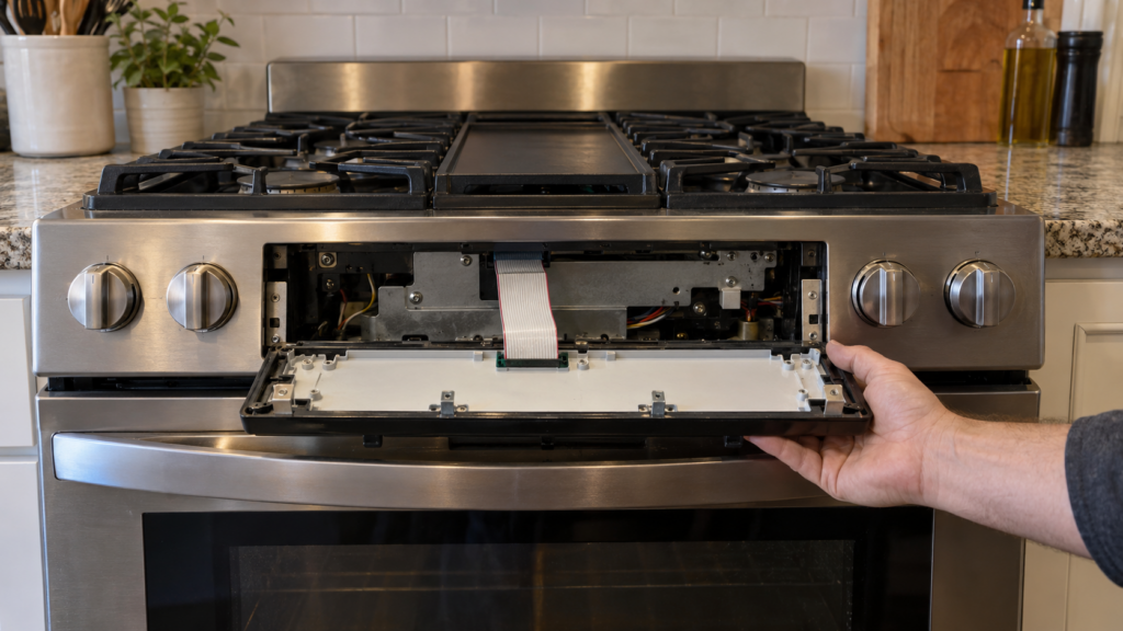 A freestanding gas range with its control panel unclipped and tilted forward, the back of the keypad and a flat ribbon cable visible.