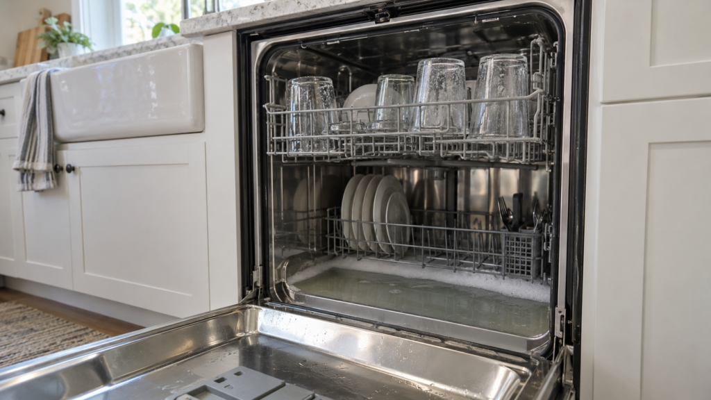 The open door of a built-in dishwasher with a line of white foam sitting on the water standing in the tub and glasses on the top rack streaked with film, an American kitchen with daylight from the side.