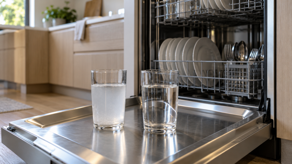 A glass of slightly cloudy water stands beside a clear one on the lowered door of a dishwasher.
