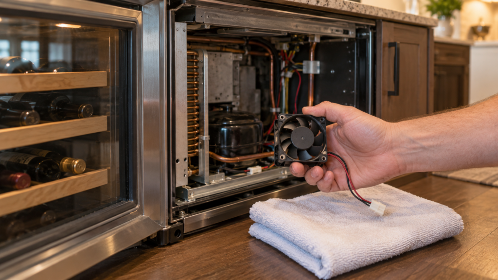 A bare hand holding a small black fan motor with a short wire connector over a folded towel beside a built-in wine cabinet with its interior rear panel removed, an American home, warm light.